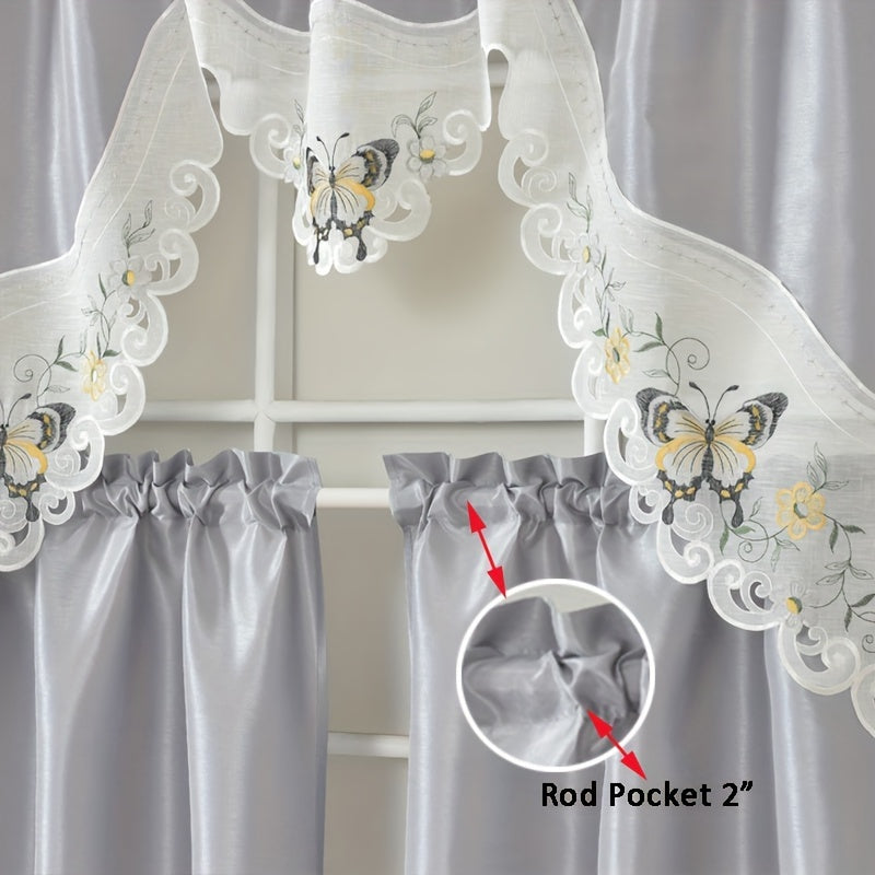 1 SET 3pcs/set Polyester plain fabric with beige floral lace, machine- pink blue gray burgundy butterfly pattern curtains, suitable for home decoration, bathroom, living room, bedroom, kitchen, outdoor decor, villa, wedding,